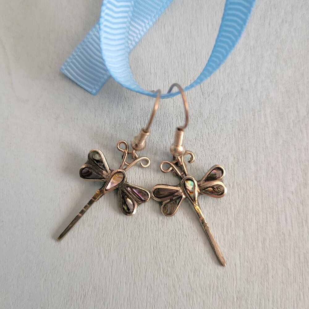 Dragonfly Abalone Shell In Silver Dangle Earrings - Picture 4 of 5